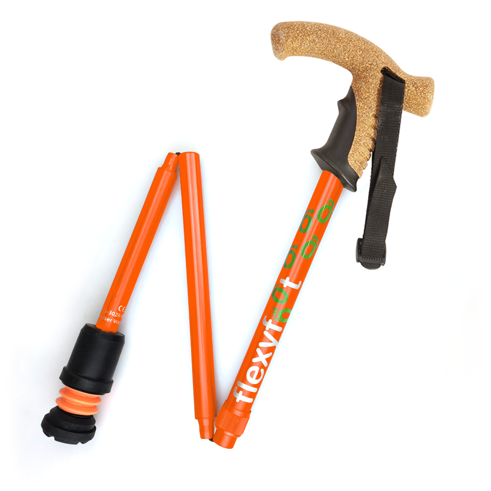 Flexyfoot Premium Cork Handle Folding Walking Stick - Orange