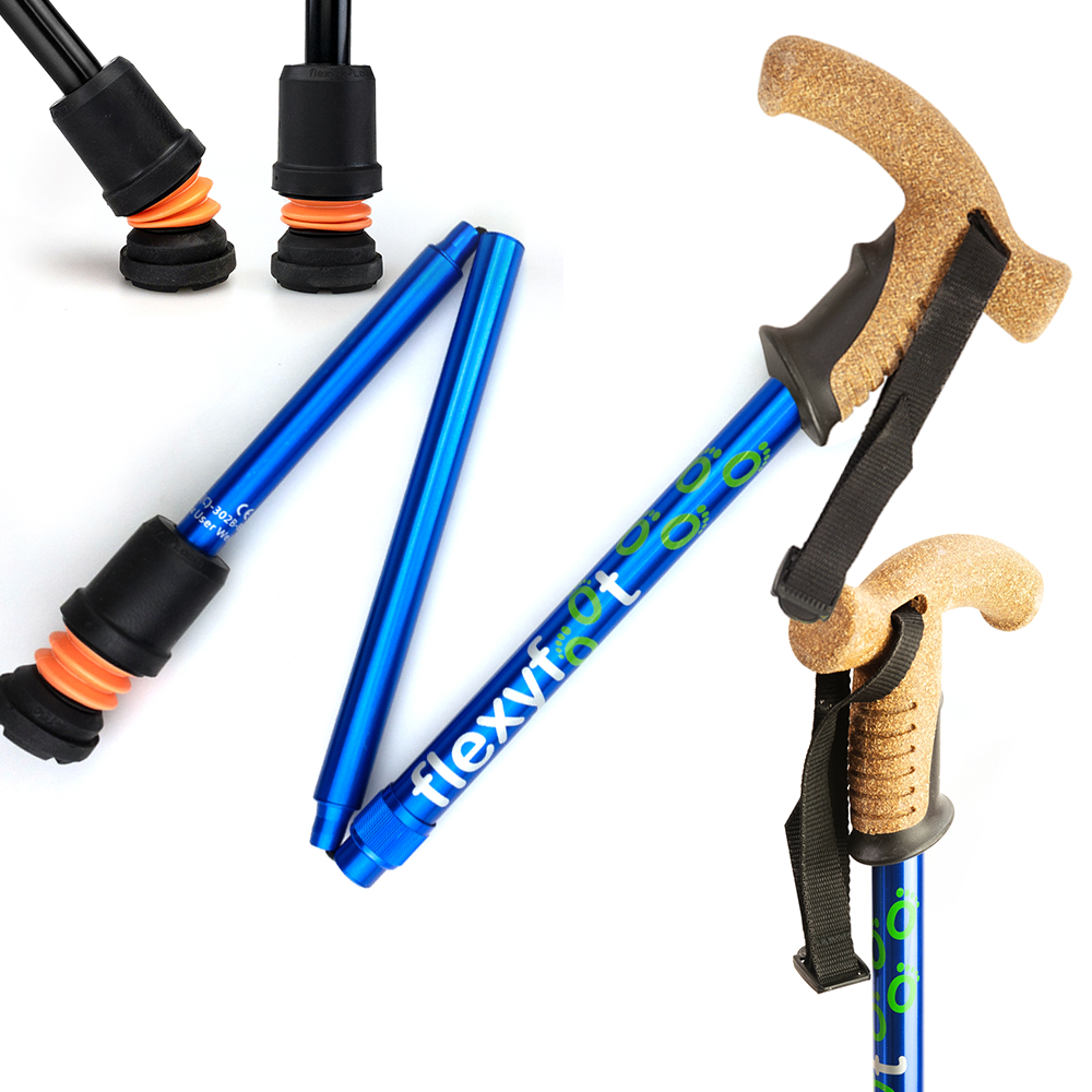 A blue Flexyfoot Premium Cork Handle Folding Walking Stick