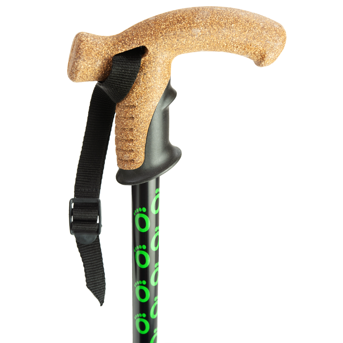 The cork handle of a black Flexyfoot Premium Cork Handle Walking Stick