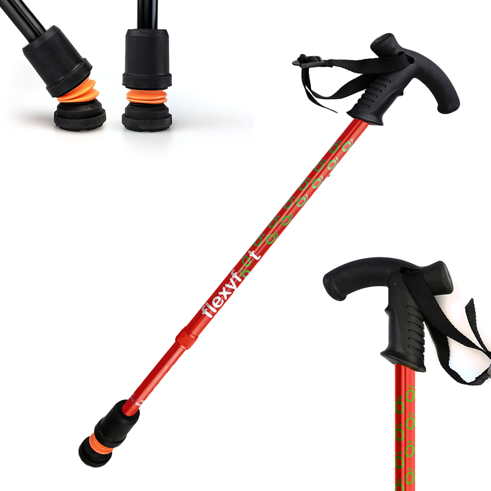 A red Flexyfoot Premium Derby Handle Walking Stick