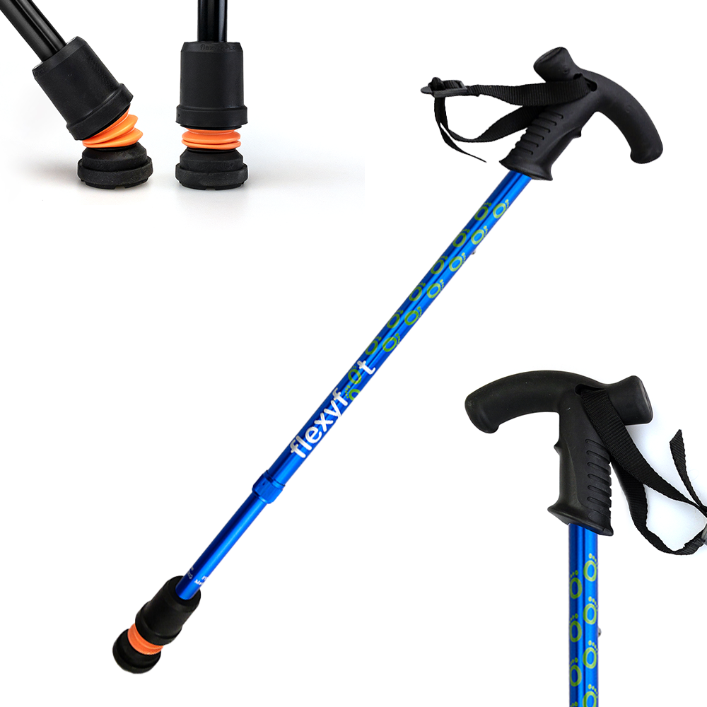 A blue Flexyfoot Premium Derby Handle Walking Stick