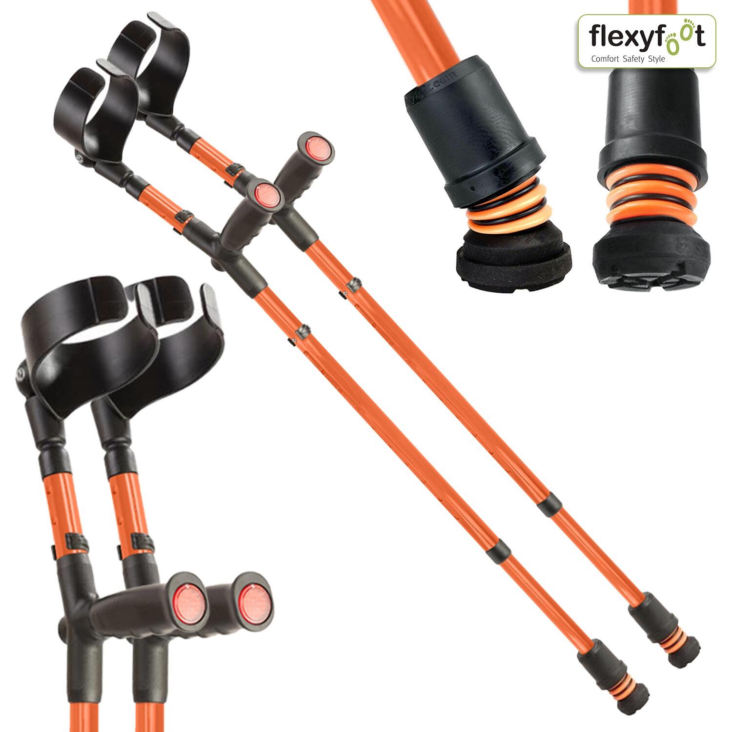 A pair of orange Flexyfoot Soft Grip Double Adjustable Crutches