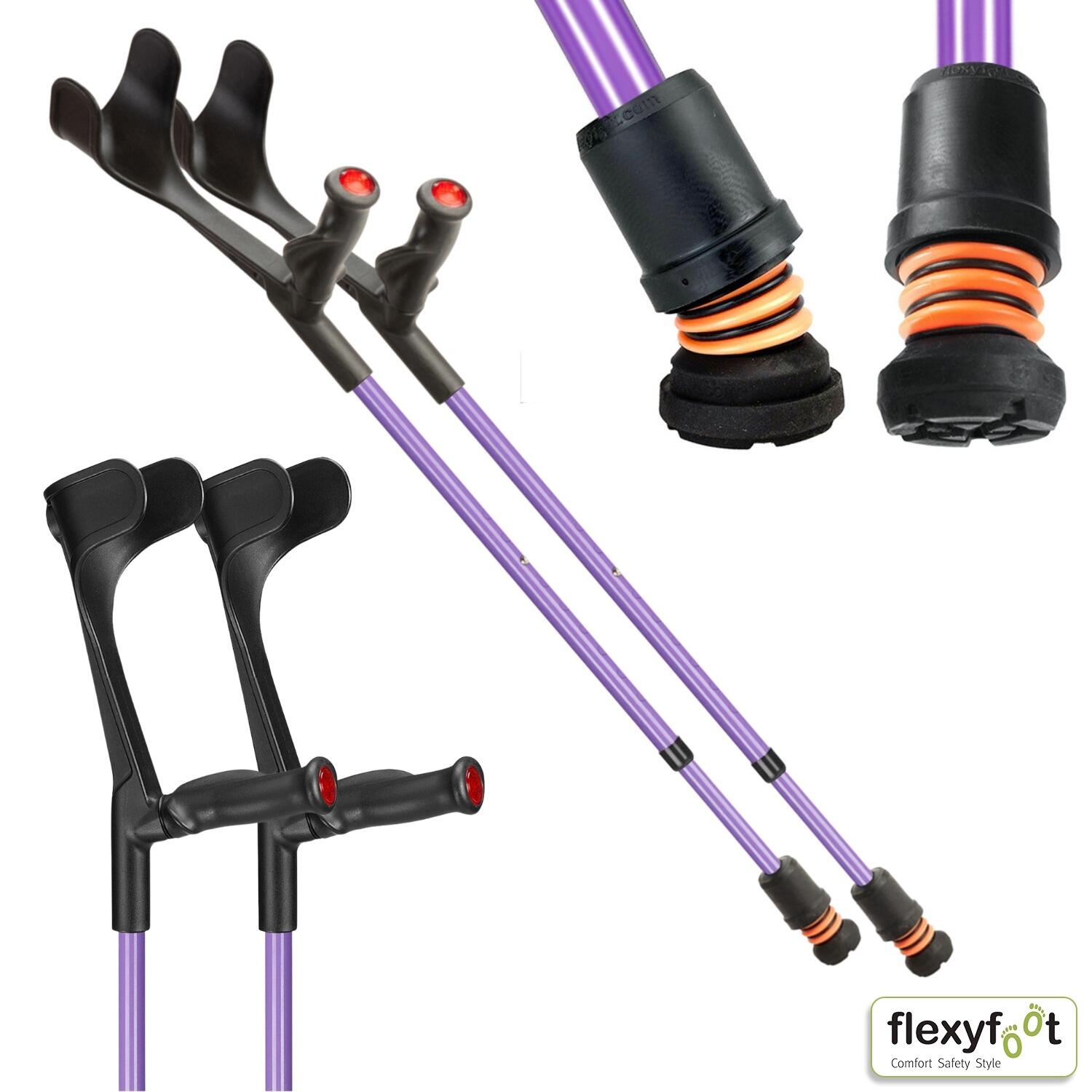 A pair of lilac Flexyfoot Comfort Grip Open Cuff Crutches