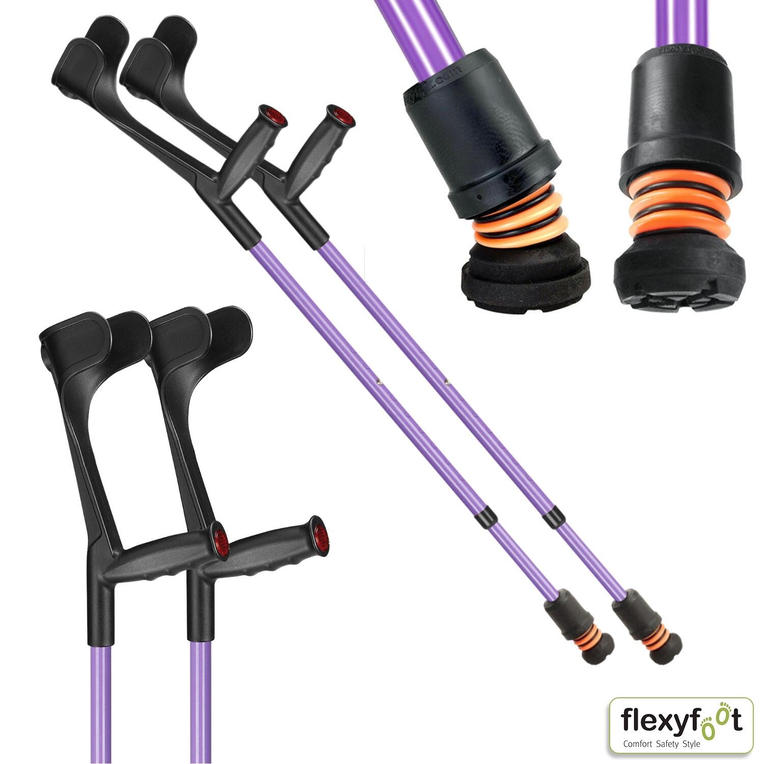 A pair of lilac Flexyfoot Soft Grip Open Cuff Crutches