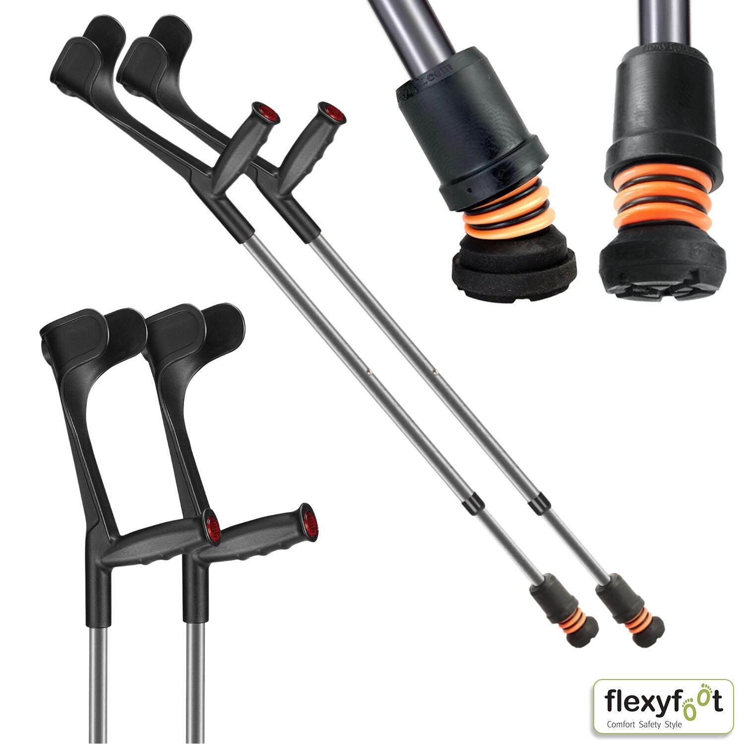 A pair of grey Flexyfoot Soft Grip Open Cuff Crutches
