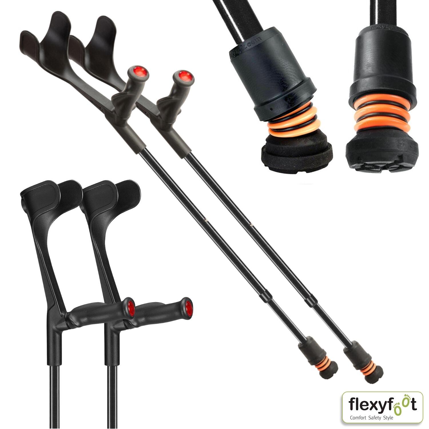 A pair of black Flexyfoot Soft Grip Open Cuff Crutches