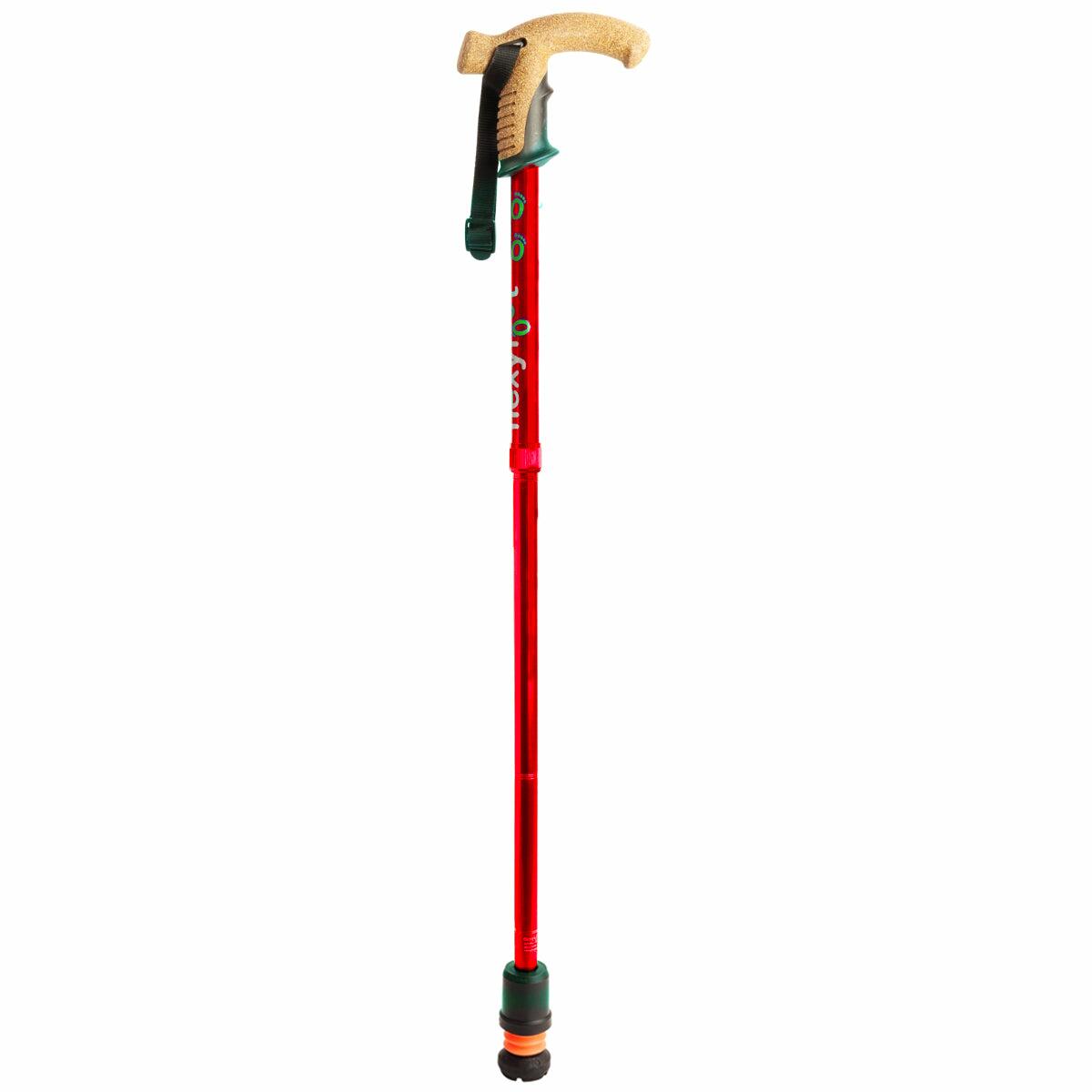 A single red Flexyfoot Premium Cork Handle Folding Walking Stick