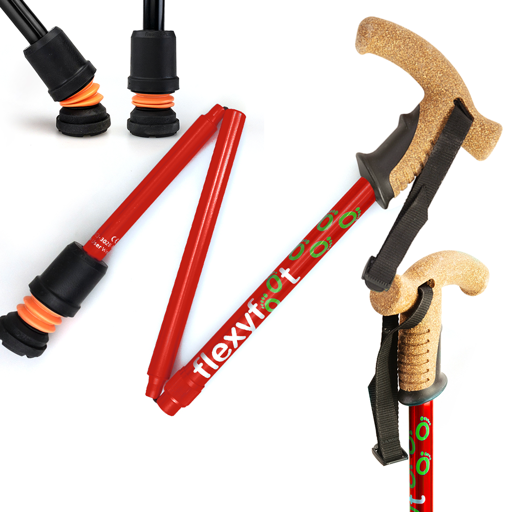A red Flexyfoot Premium Cork Handle Folding Walking Stick