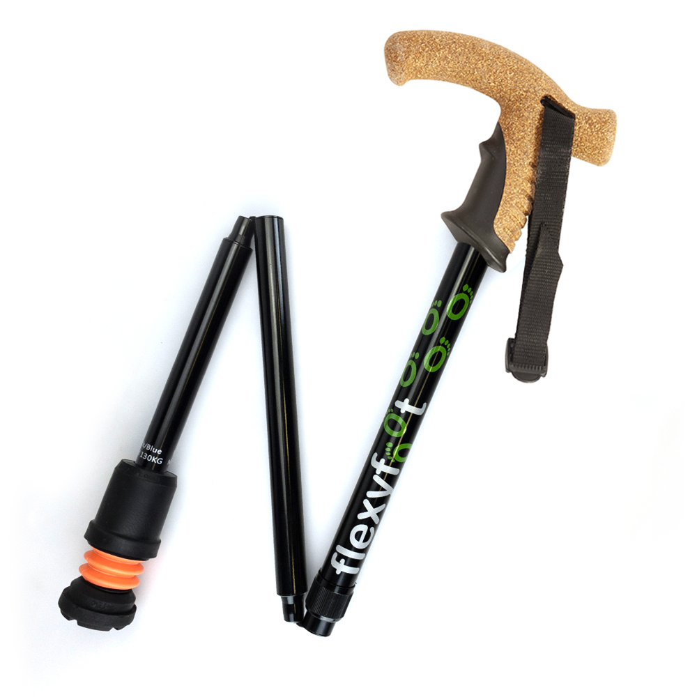 A black Flexyfoot Premium Cork Handle Folding Walking Stick