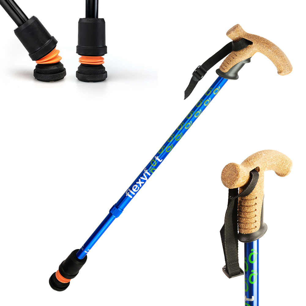 A blue Flexyfoot Premium Cork Handle Walking Stick