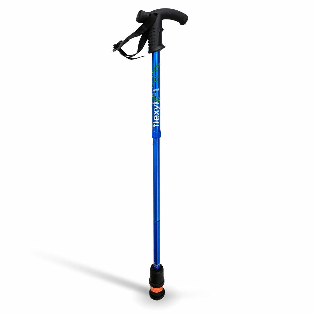 A single blue Flexyfoot Premium Derby Handle Folding Walking Stick