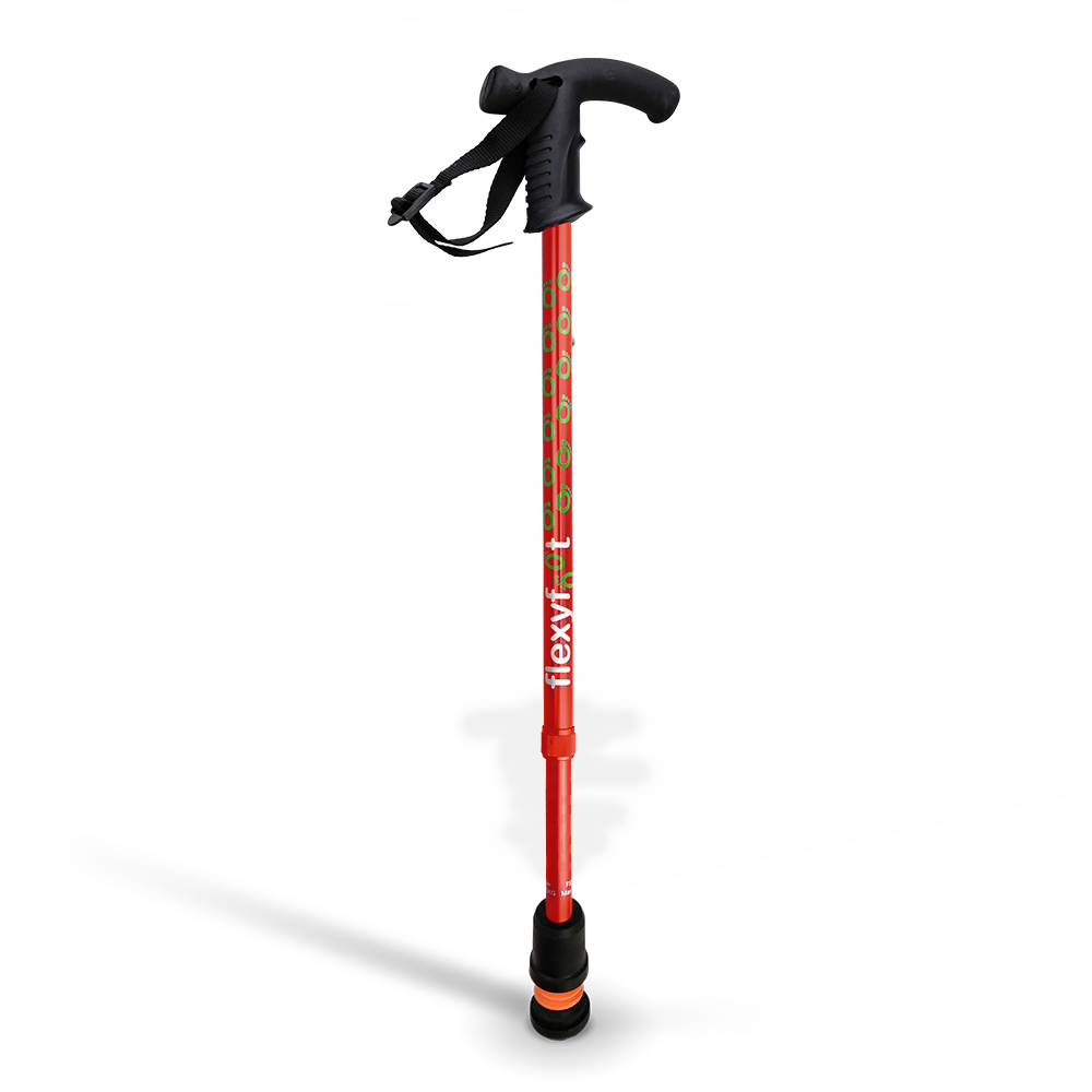 A single red Flexyfoot Premium Derby Handle Walking Stick
