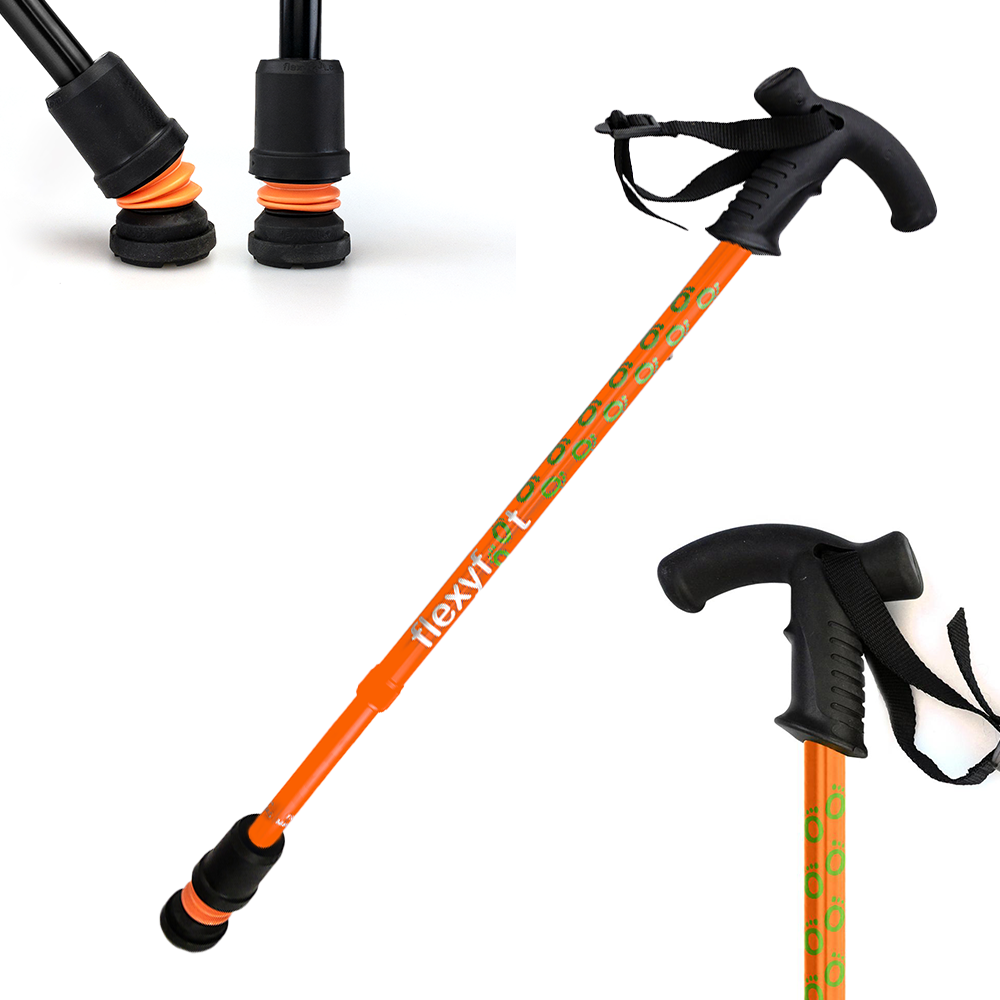 An orange Flexyfoot Premium Derby Handle Walking Stick