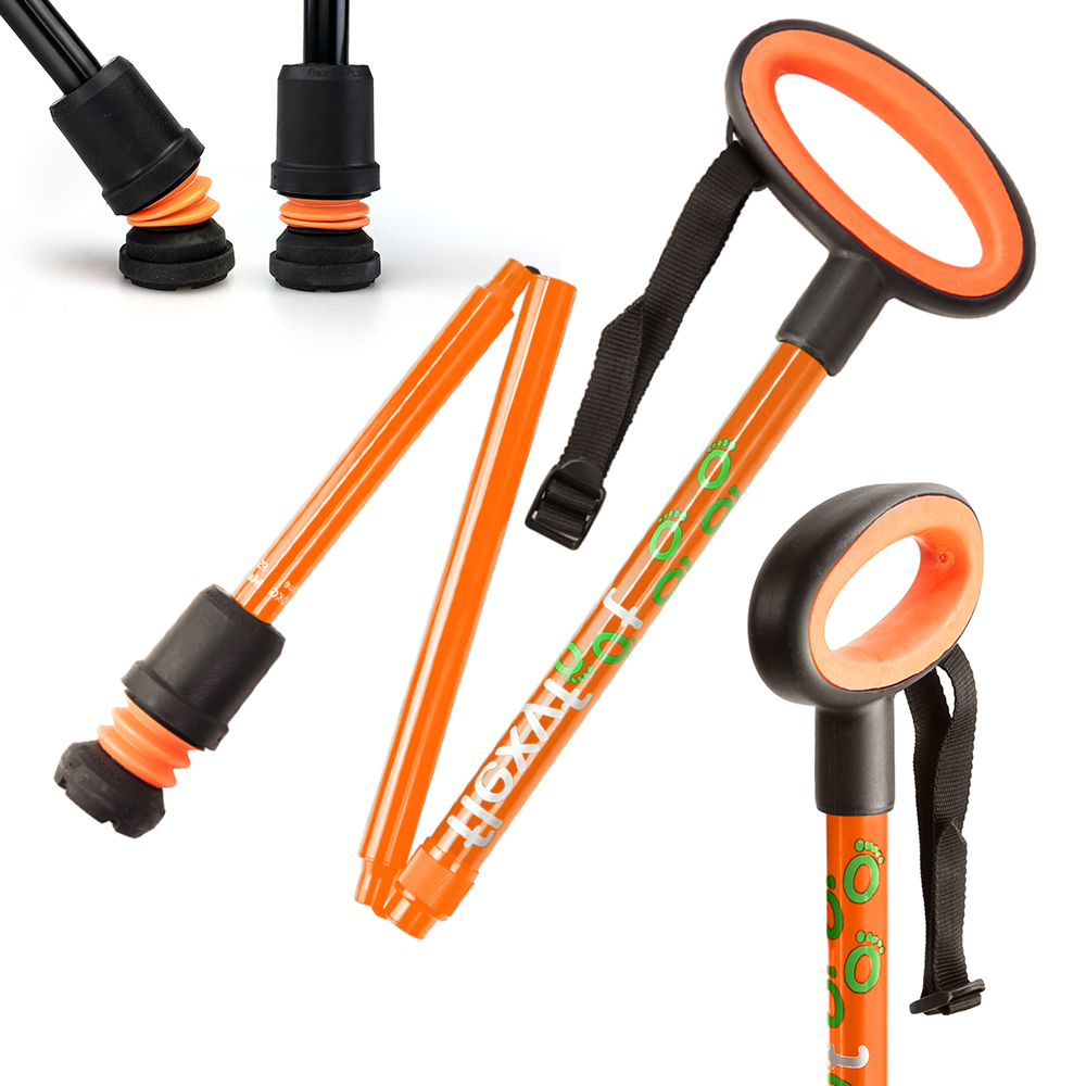 An orange Flexyfoot Premium Oval Handle Folding Walking Stick