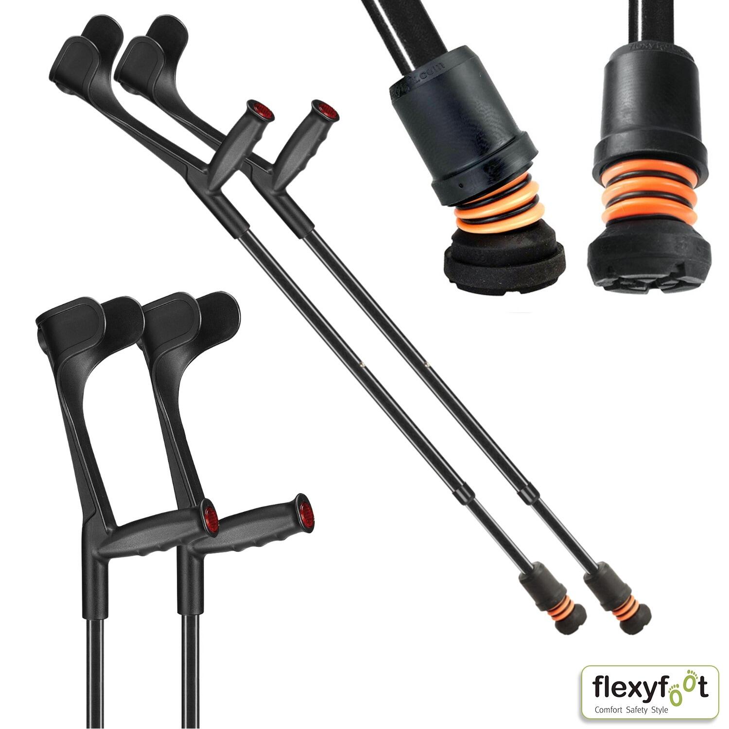 A pair of black Flexyfoot Soft Grip Open Cuff Crutches