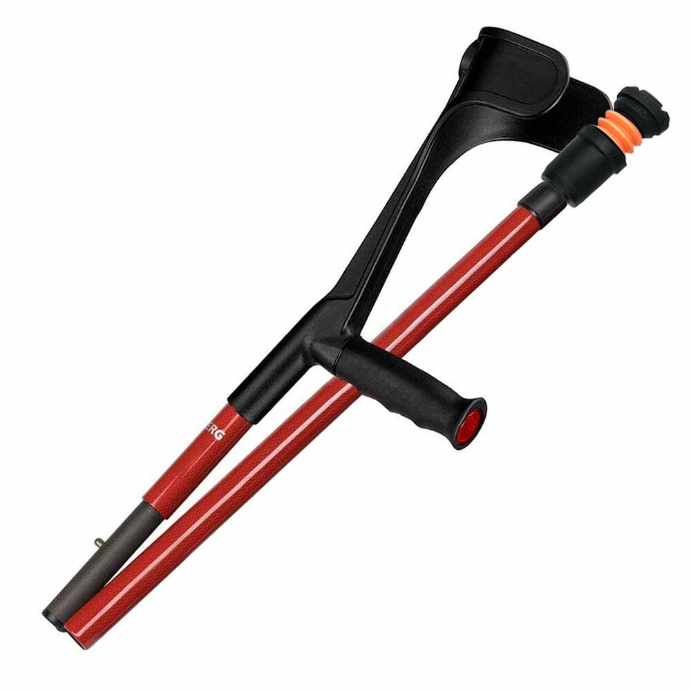 A red folded Flexyfoot Carbon Fibre Folding Crutch