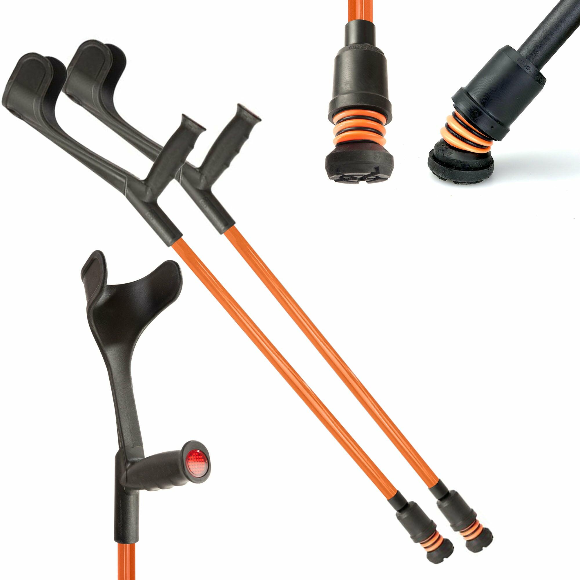 A pair of orange Flexyfoot Soft Grip Open Cuff Crutches