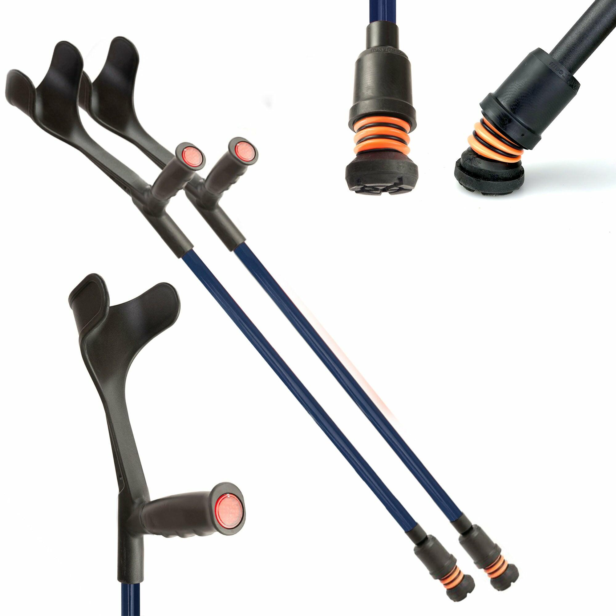 A pair of blue Flexyfoot Soft Grip Open Cuff Crutches