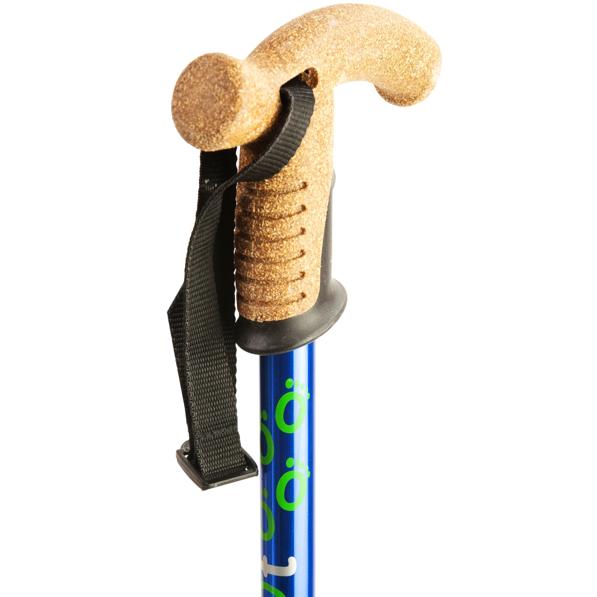 The cork handle of a blue Flexyfoot Premium Cork Handle Folding Walking Stick