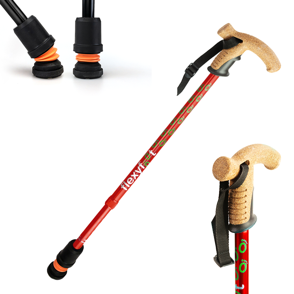 A red Flexyfoot Premium Cork Handle Walking Stick