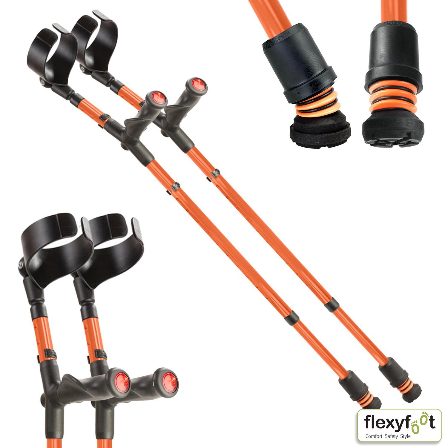 A pair of orange Flexyfoot Comfort Grip Double Adjustable Crutches