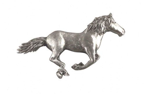 Pewter lapel pin featuring detailed galloping horse design with flowing mane