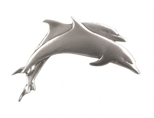 Detailed pewter lapel pin featuring two dolphins in graceful swimming motion