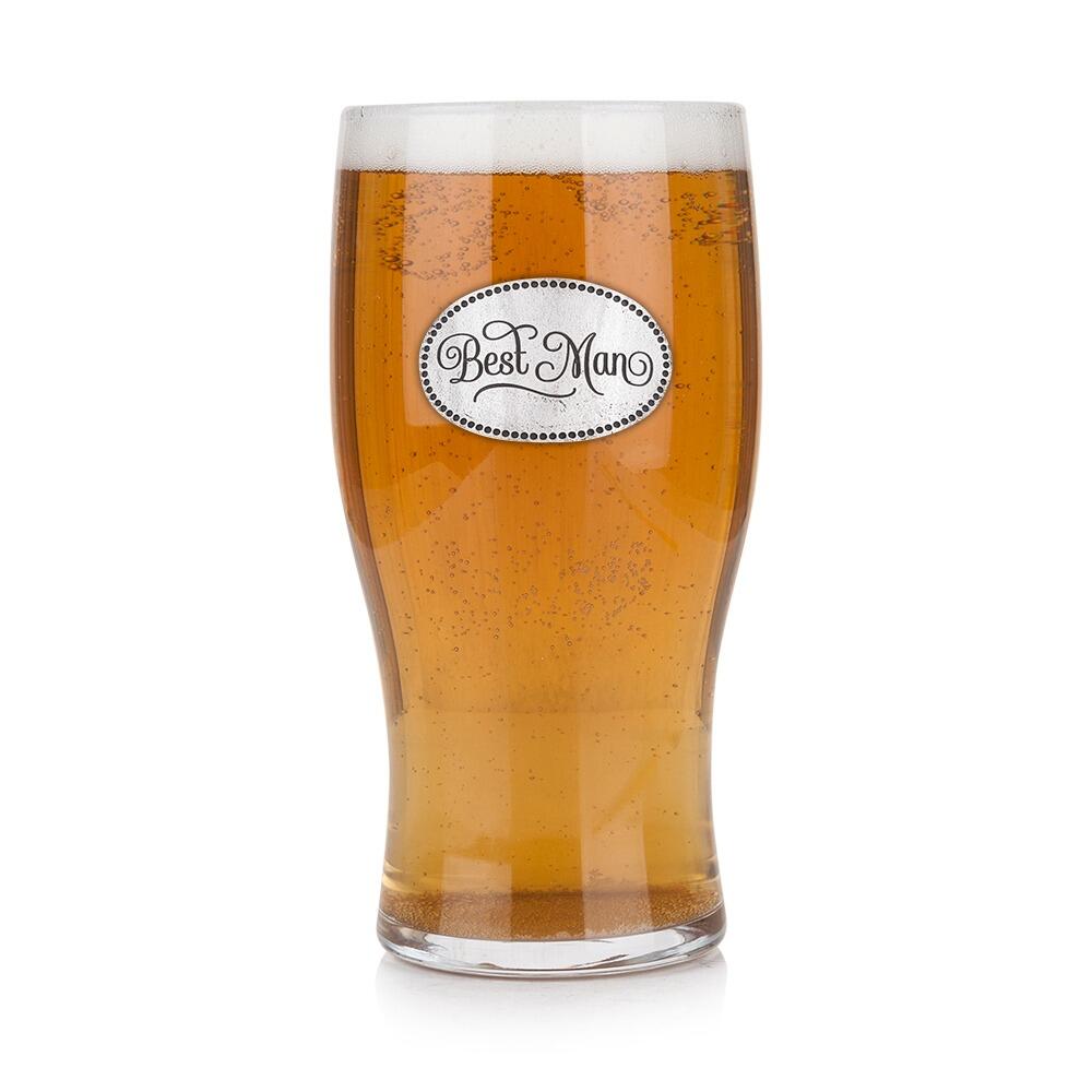 Pint glass with handmade pewter best man badge featuring elegant script lettering filled with golden beerRetryClaude can make mistakes. Please double-check responses.