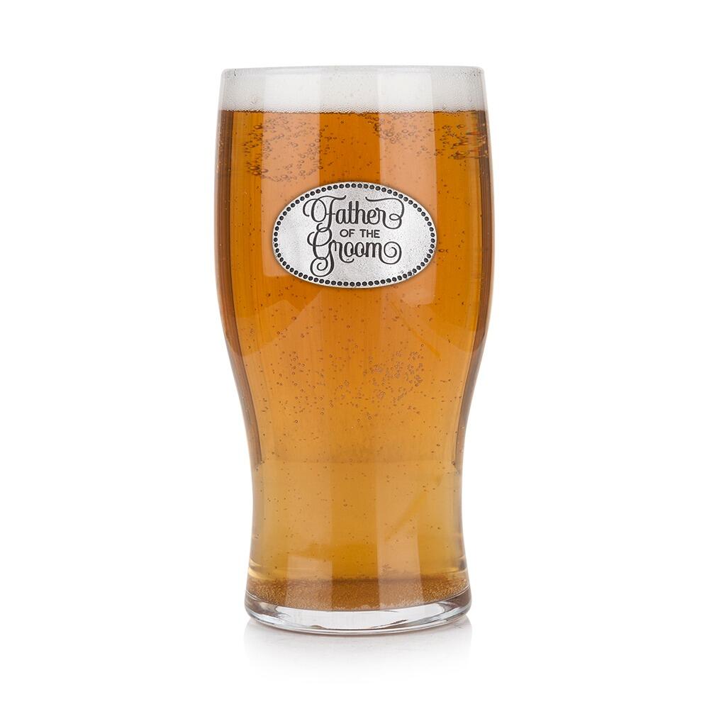 Pint glass with handmade pewter father of the groom in formal attire badge filled with golden beerRetryClaude can make mistakes. Please double-check responses.pewter father groom beer glass - UK crafted pint glass with Father Groom badge