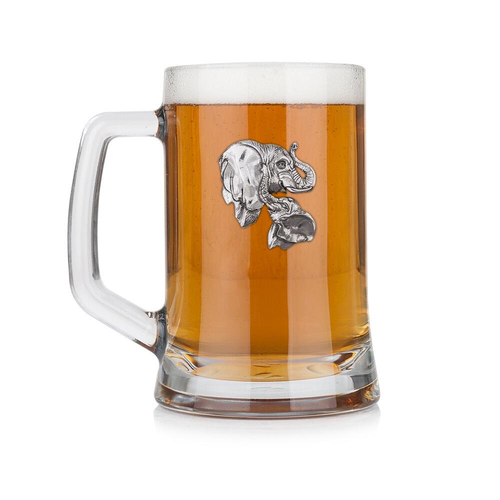 A Beer Tankard with a Pewter Elephant badge on the front, filled with Amber BeerRetryClaude can make mistakes. Please double-check responses.