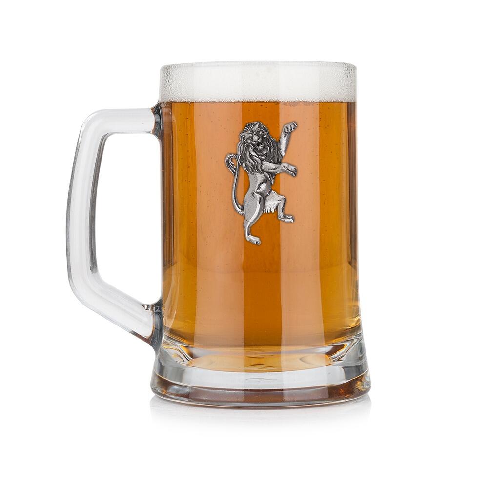 A Beer Tankard with a Pewter Rampant Lion badge on the front, filled with Amber BeerRetryClaude can make mistakes. Please double-check responses.