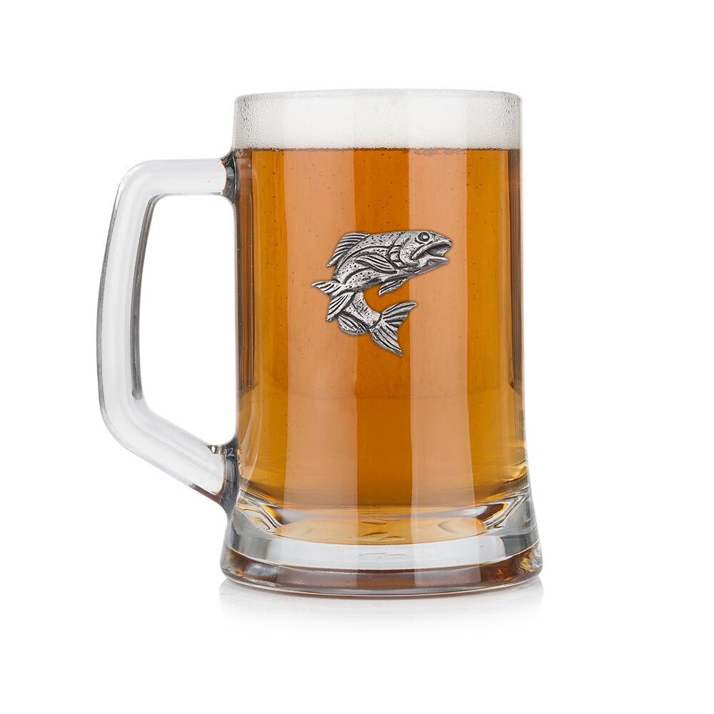 A Beer Tankard with a Pewter Salmon badge on the front, filled with Amber BeerRetryClaude can make mistakes. Please double-check responses.