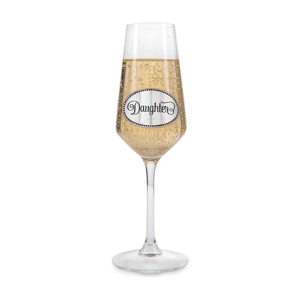 A Champagne Flute with a Pewter Daughter badge on the front, filled with Champagne