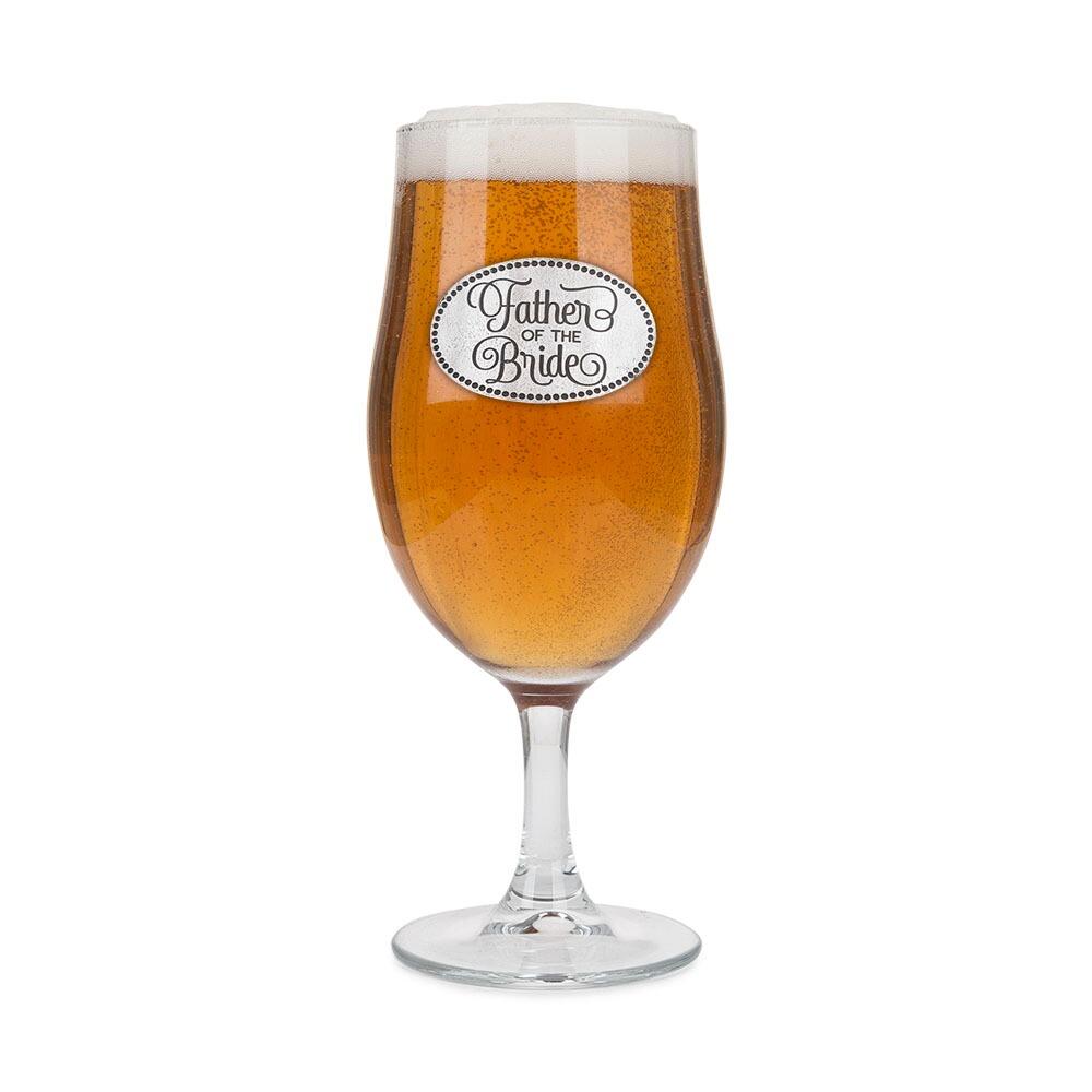 A Stemmed Pint Beer Glass with a Pewter Father of the Bride badge on the front, filled with Beer