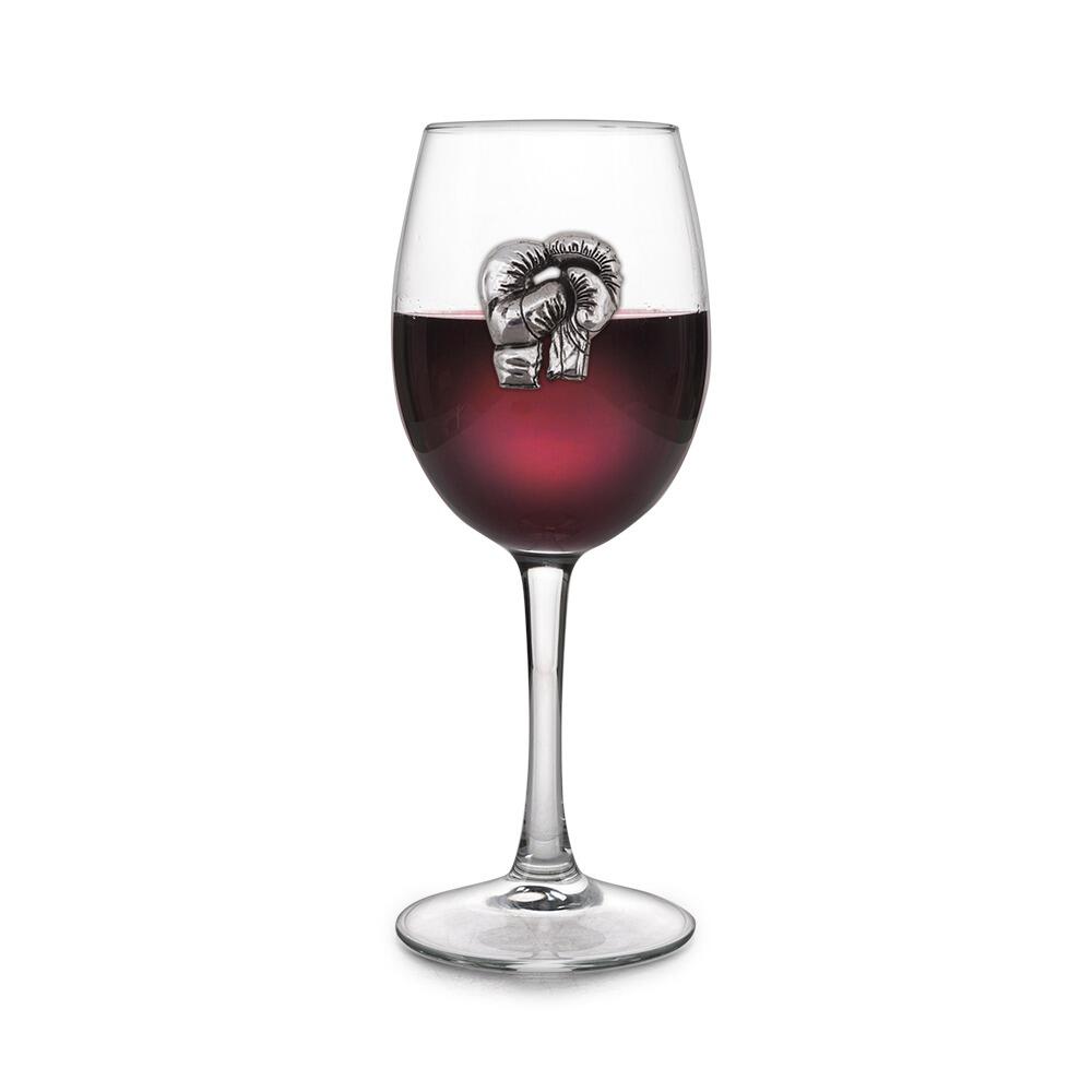 Wine glass with handmade pewter boxing gloves badge filled with red wine