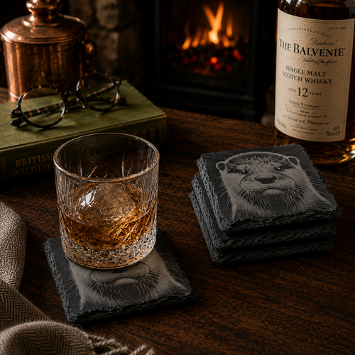 Otter Slate Coasters on a table with a whisky glass on top of the one coaster
