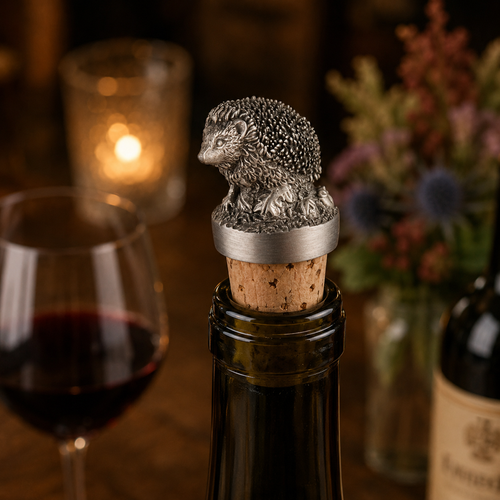 A hedgehog bottle stopper made from Pewter in a wine glass