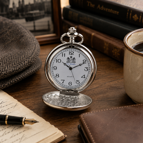 Polished silver pocket watch displayed open on a vintage wooden desk, surrounded by a fountain pen, leather notebook, coffee mug, and classic books, creating a warm and timeless lifestyle scene