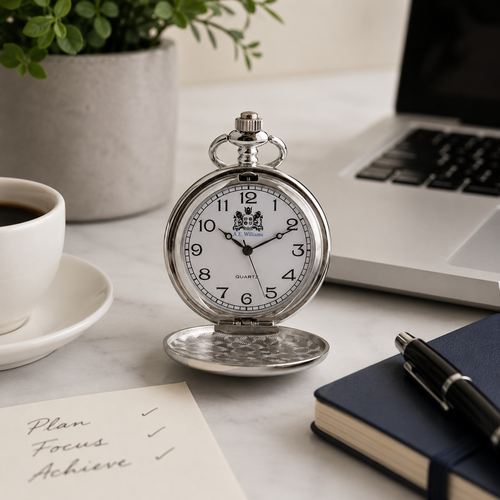 quartz pocket watch displayed on a modern office desk beside a laptop, coffee cup, notebook, and pen.