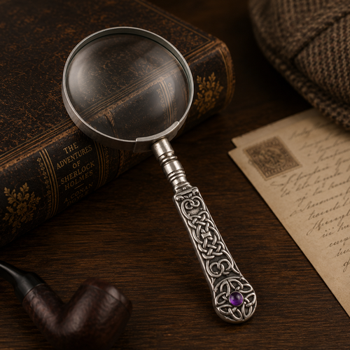 Celtic pewter magnifying glass with intricate knotwork handle and purple gemstone detail displayed on a vintage detective desk beside an antique book and handwritten correspondence