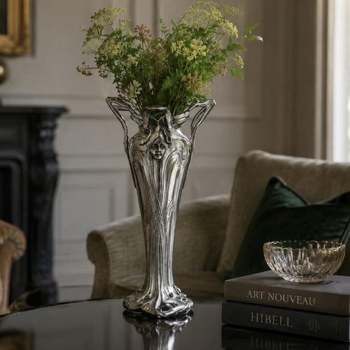 A slender, polished pewter Art Nouveau vase with a bright Pewter-coloured finish, holding a bouquet of green and yellow wildflowers. The vase features a sculpted relief of a woman's face framed by long, flowing hair and organic, whip-lash curves that extend upward to form elegant, structural handles at the rim
