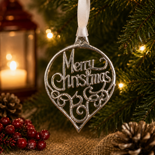 Handcrafted pewter Merry Christmas ornament with elegant filigree scrollwork design, hanging on a festive Christmas tree with warm holiday lights and seasonal decorations.