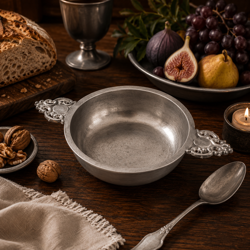 Handcrafted pewter Bavarian porringer in antique satin finish displayed on a rustic farmhouse table with artisan bread, fresh figs, grapes, walnuts, traditional pewter tableware and candlelight in warm ambient light