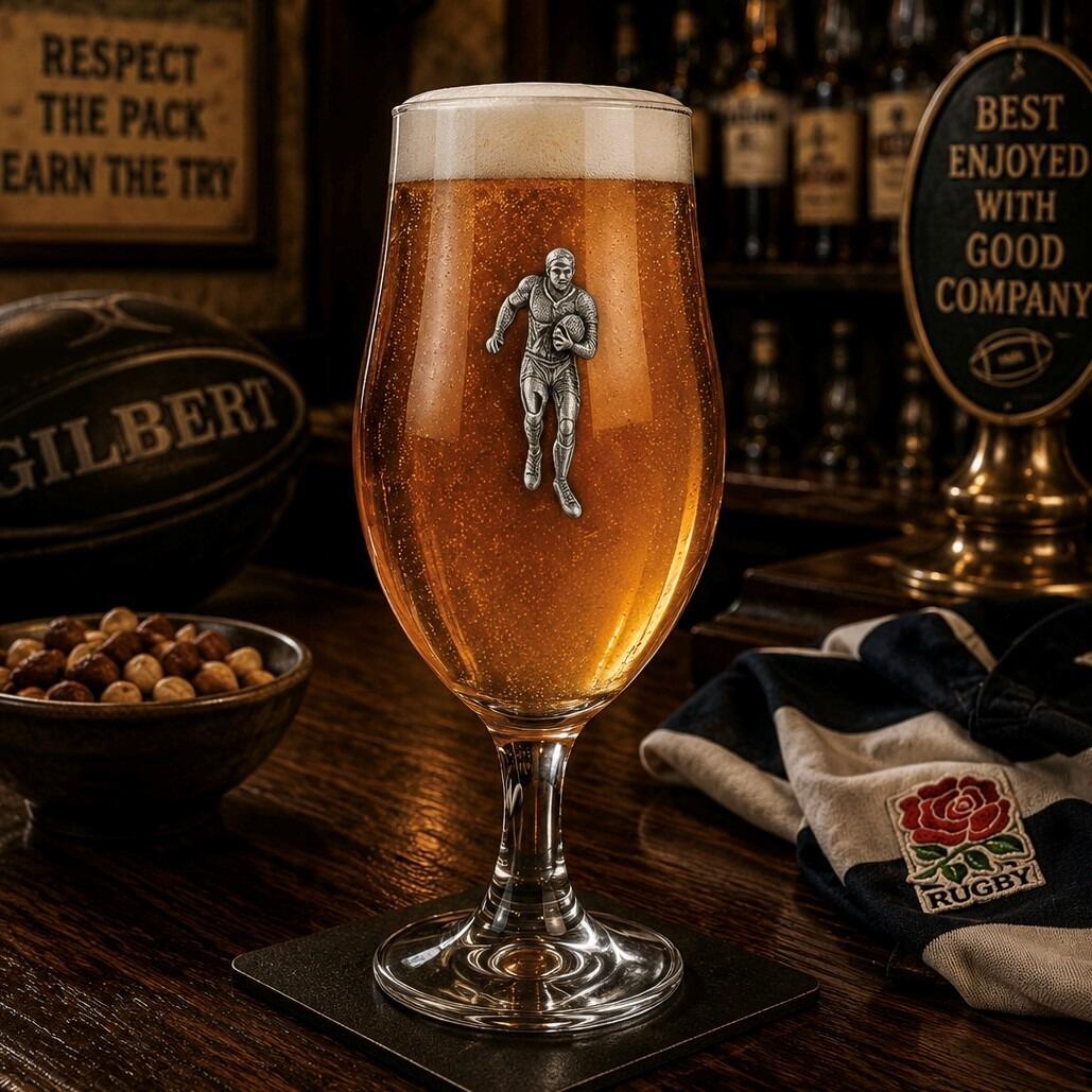 A stemmed beer chalice glass filled with golden ale and a frothy white head, featuring a raised pewter emblem of a rugby player running with a ball