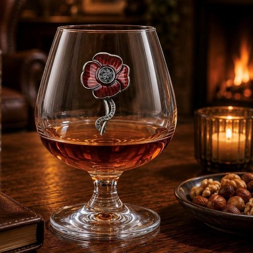 A short-stemmed clear glass brandy snifter filled with amber-colored brandy, resting on a dark wooden table in a cozy room. The front of the glass bowl features a detailed metal emblem of a vibrant red enamelled remembrance poppy with a textured dark gray center and a curved pewter stem extending downward