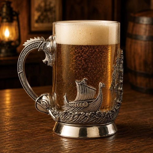 A clear glass beer tankard filled with golden, bubbling lager and a thick white foam head, resting on a rustic wooden table. The mug features an intricate pewter wrap and handle assembly; the handle is styled as a detailed Viking dragon ship prow or beast head with a textured knotwork spine, while the front base wrap displays a high-relief scene of a Viking longship with a sail and side shields, riding across stylized stormy ocean waves