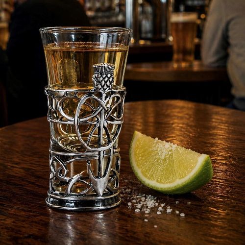 A detailed pewter shot glass with intricate Celtic knotwork and a prominent thistle design on its sleeve, filled with an amber liquid