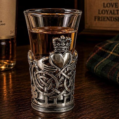 A tall glass shot glass filled with amber-colored liquor, sitting on a dark wooden bar counter. The lower half of the glass is encased in an intricate pewter metal holder featuring an openwork Celtic knot design. A prominent, detailed Irish Claddagh symbol—depicting two hands cradling a large heart topped with a crown—is centred on the front of the metal holder, with a small shamrock visible on the lower left