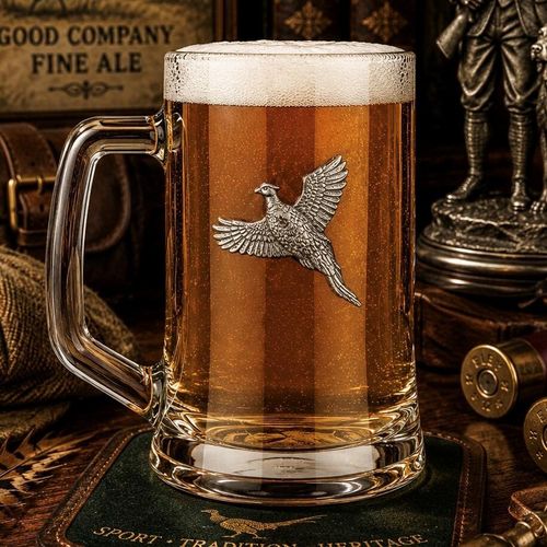 A Beer Tankard with a Pewter Pheasant badge on the front, filled with Amber Beer
