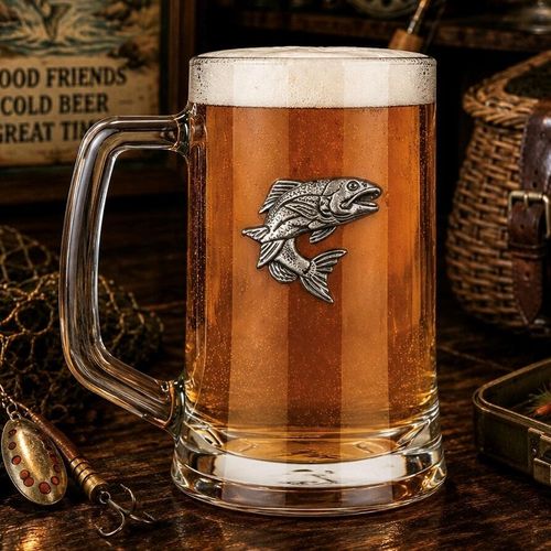 A Beer Tankard with a Pewter Salmon badge on the front, filled with Amber Beer